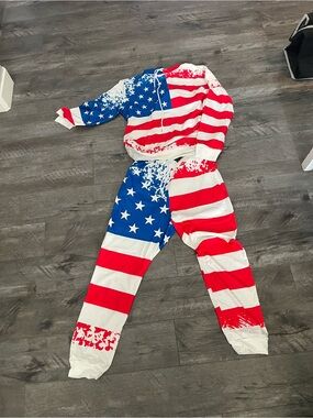 Adult unisex American Flag Hooded jumpsuit Set - Red, White & Blue
